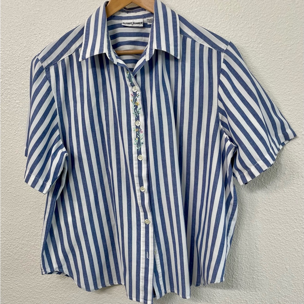 Vintage Alfred Dunner Blue and White Striped Shirt with Floral Embroidery
